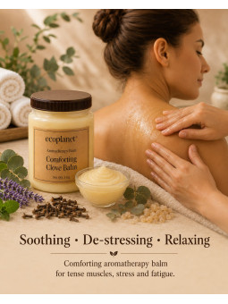 Comforting Clove Balm used for soothing warm shoulder and body massage in spa, salon and wellness treatments.