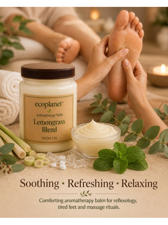 EcoPlanet Lemongrass Blend Balm used for soothing foot reflexology, tired feet massage and relaxing wellness treatments.
