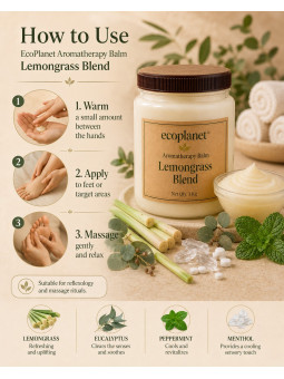 How to use EcoPlanet Lemongrass Blend Balm by warming between hands, applying to feet or target areas and massaging gently.