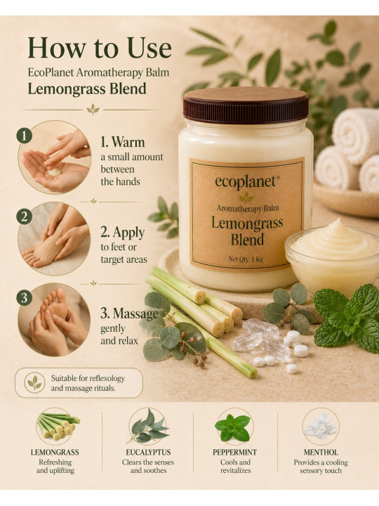 How to use EcoPlanet Lemongrass Blend Balm by warming between hands, applying to feet or target areas and massaging gently.