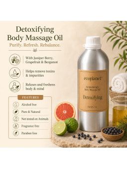 EcoPlanet® Detoxifying Body Massage Oil with Juniper Berry, Grapefruit and Bergamot benefits and key product features.