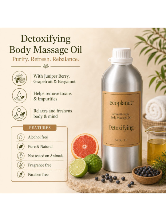 EcoPlanet® Detoxifying Body Massage Oil with Juniper Berry, Grapefruit and Bergamot benefits and key product features.