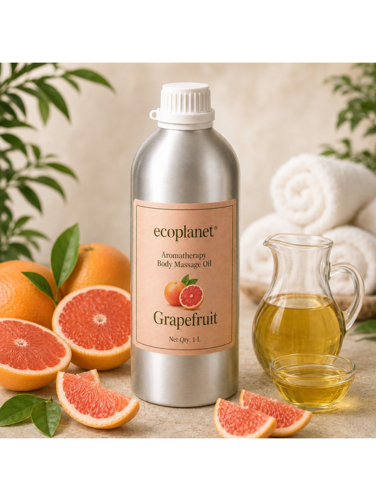 EcoPlanet® Aromatherapy Grapefruit Body Massage Oil 1 L bottle with grapefruit, carrier oil and spa towels