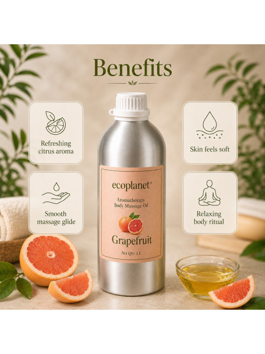Benefits of EcoPlanet® Grapefruit Massage Oil for refreshing aroma, smooth glide and soft skin feel