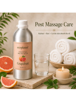 Post massage care with EcoPlanet® Aromatherapy Grapefruit Body Massage Oil, water, towel and spa candle