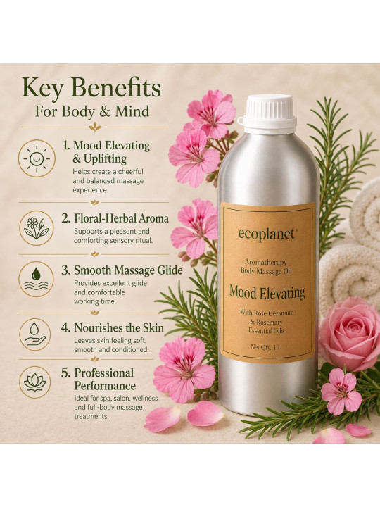 Mood elevating massage oil benefits for body and mind.