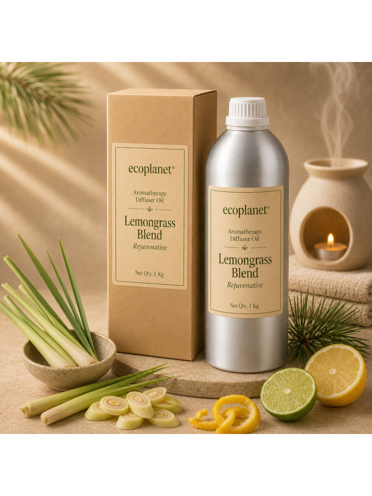 EcoPlanet Lemongrass Blend Rejuvenative Diffuser Oil 1 kg bottle and carton