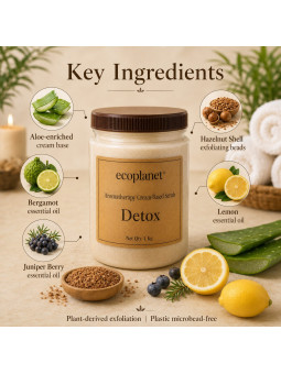 ingredients Detox Cream Scrub including Aloe Vera, Hazelnut Shell beads, Bergamot, Lemon and Juniper Berry oils