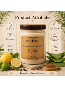 Detox Cream-Based Scrub product attributes: ready to use, non-greasy, easy to rinse, controlled exfoliation and 1 Kg pack