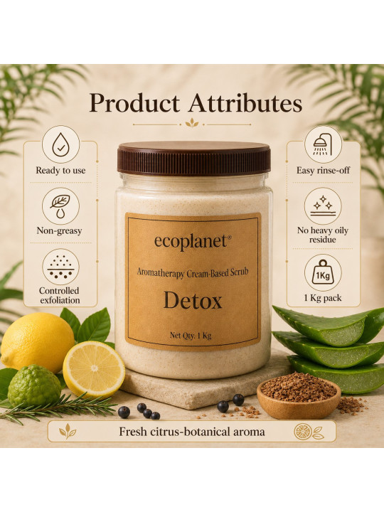 Detox Cream-Based Scrub product attributes: ready to use, non-greasy, easy to rinse, controlled exfoliation and 1 Kg pack