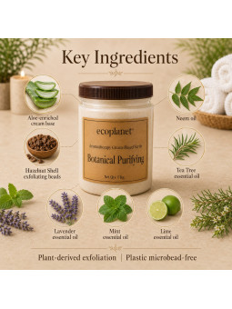With Aloe, Hazelnut Shell, Neem, Tea Tree, Lavender, Mint and Lime