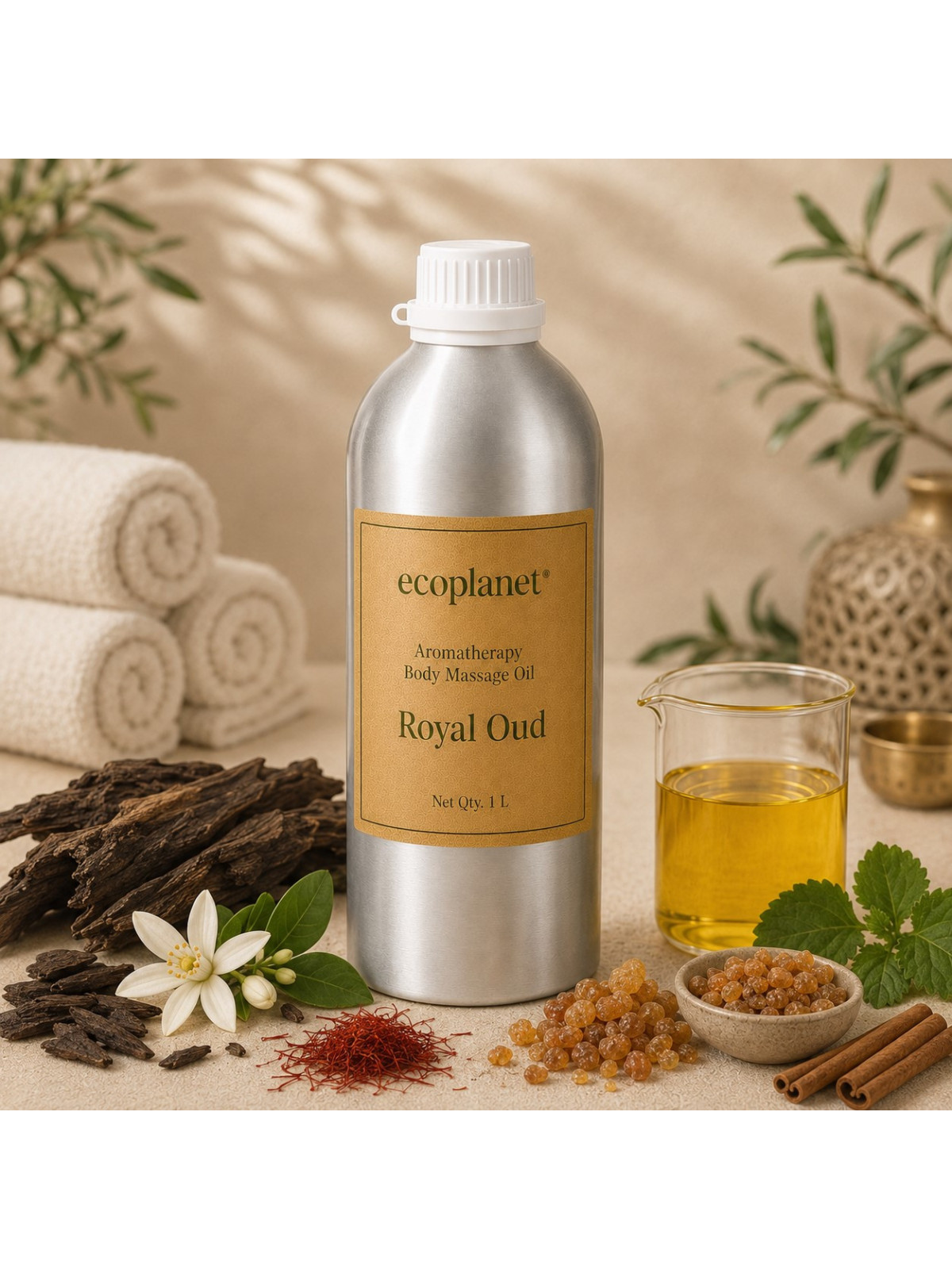Royal Oud Body Massage Oil — A rich, woody aromatherapy experience for luxury spa and wellness rituals.