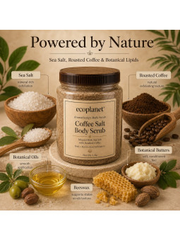 Powered by Nature
Sea salt, roasted coffee, botanical oils, butters and beeswax.