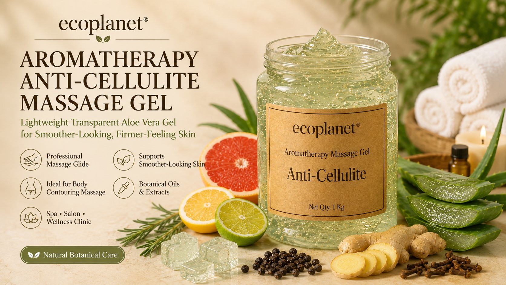 EcoPlanet® non-greasy transparent aloe vera anti-cellulite massage gel for professional body contouring treatments.