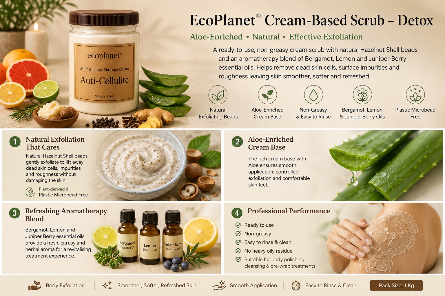 EcoPlanet® Cream-Based Scrub – Detox with Aloe-enriched cream, Hazelnut Shell exfoliating beads, and Bergamot, Lemon and Juniper Berry essential oils for smooth, refreshed skin.