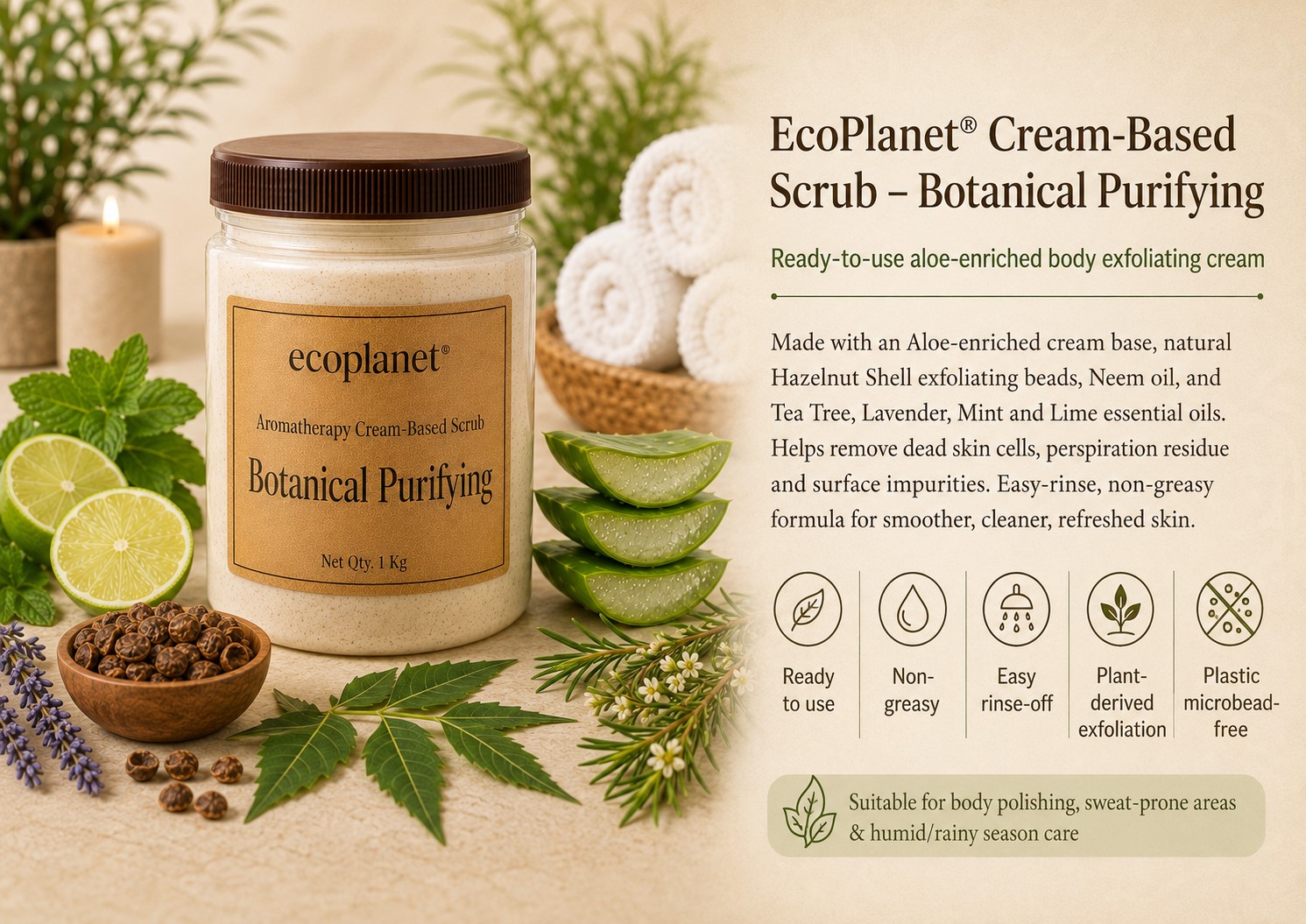 Ready to use, non-greasy and easy to rinse off Description Banner: Aloe-enriched botanical scrub for smooth, clean and refreshed skin