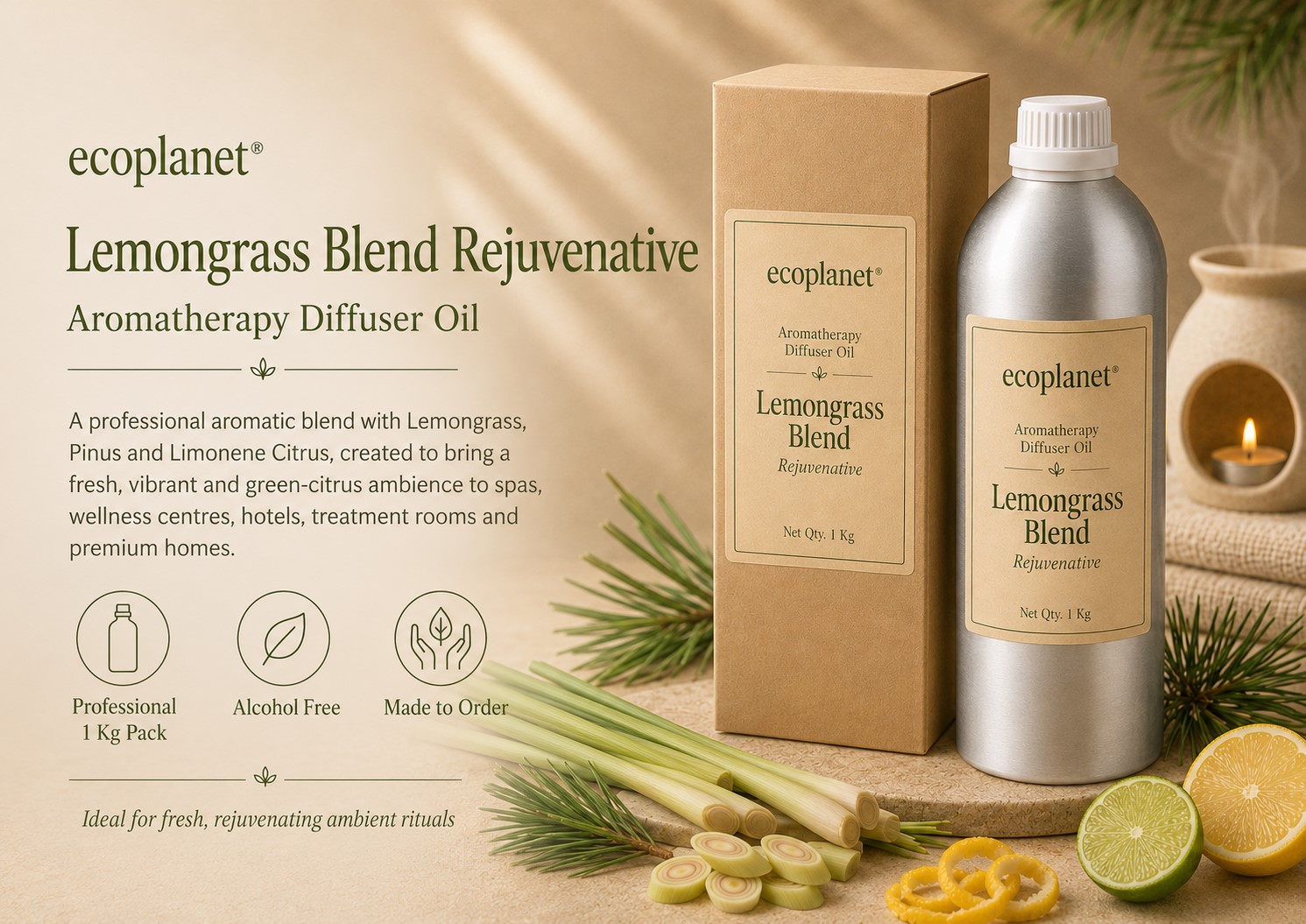 A professional aromatic blend with Lemongrass, Pinus and citrus-derived limonene notes, created to bring a fresh, vibrant and green-citrus ambience to spas, wellness centres, hotels, reception areas, treatment rooms and premium homes.