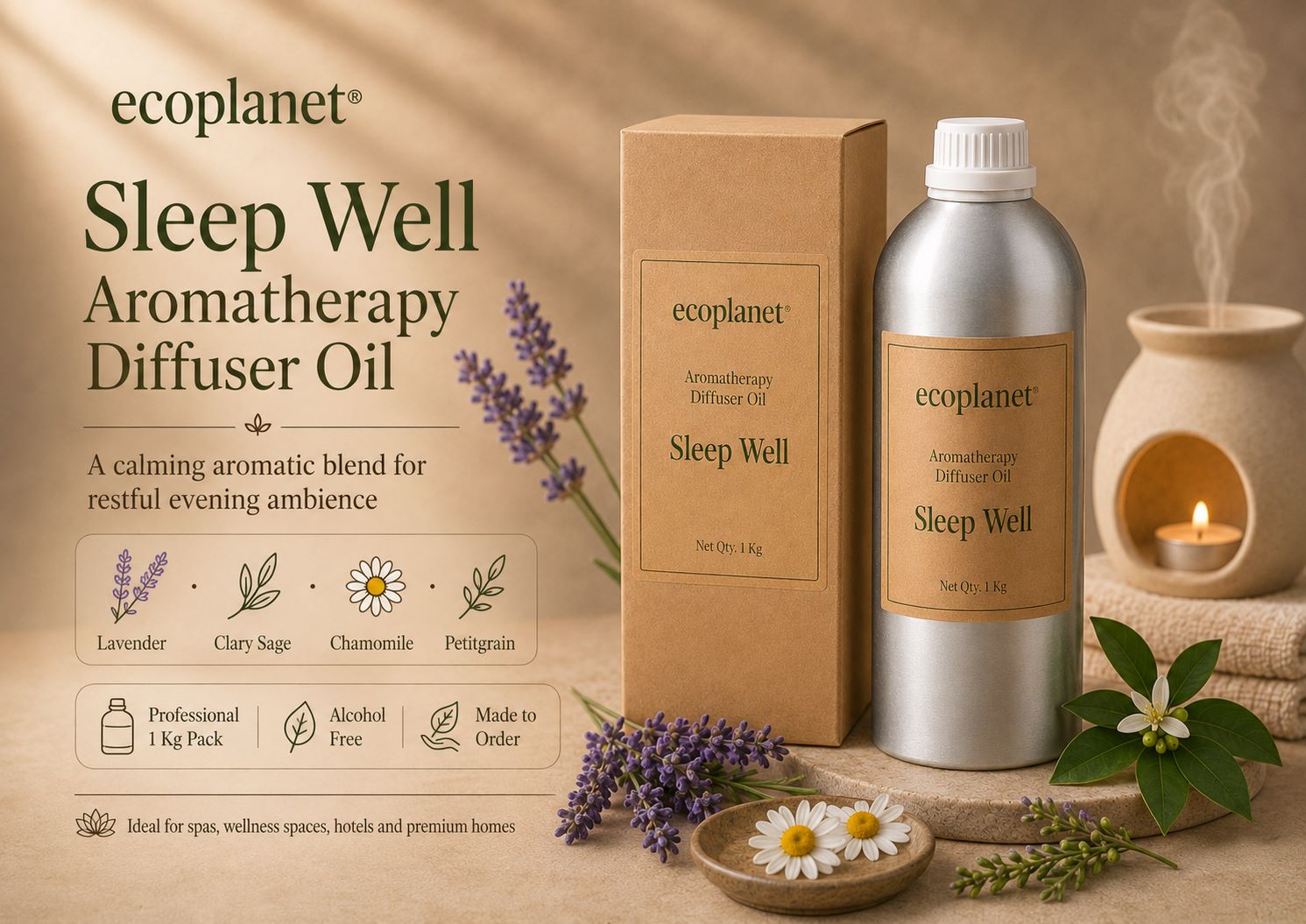 A professional aromatic blend with Lavender, Clary Sage, Chamomile and Petitgrain essential oils, created to bring a soft floral, herbal and fresh green ambience to spas, wellness centres, hotels, treatment rooms and premium homes.