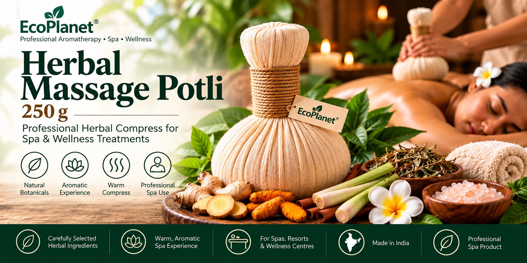EcoPlanet Herbal Massage Potli 250 g professional herbal compress banner for spa and wellness treatments