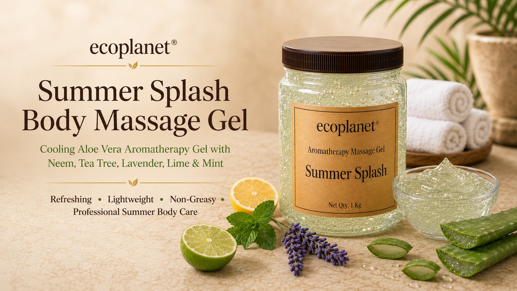 EcoPlanet® Summer Splash Body Massage Gel is a lightweight aloe vera aromatherapy gel enriched with Neem, Tea Tree, Lavender, Lime and Mint for refreshing, cooling and non-greasy professional summer body care.