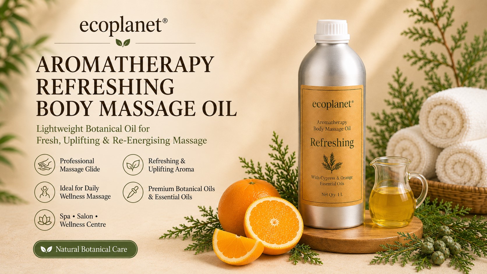 EcoPlanet Refreshing Body Massage Oil with Cypress and Orange essential oils.